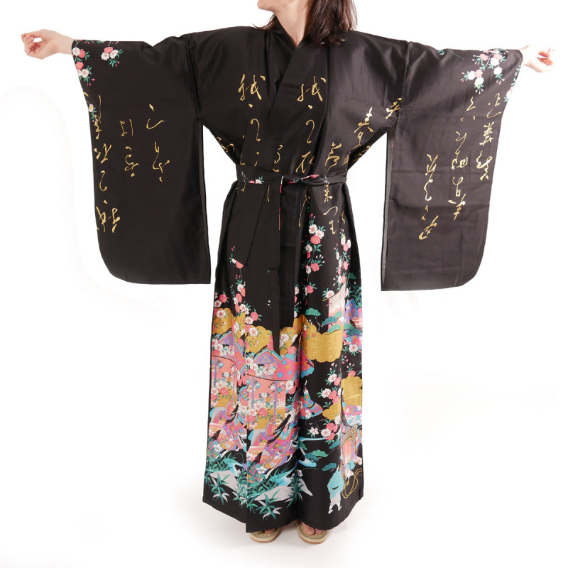 Kimono nero tradizionale giapponese per le donne, UTAÔJO, poesie e principesse brillanti