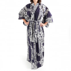 yukata japonés kimono algodón azul, HANAKAMON, círculo de flores