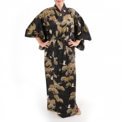 japanischer Yukata Kimono aus schwarzer Baumwolle, TSURU MATSU, Kiefern und Kräne