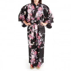 Japanischer schwarzer Kimono aus Baumwolle, TSURU PEONY, Kranich und Pfingstrose