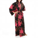 japanischer Yukata Kimono aus schwarzer Baumwolle, PEONY, schwimmende Pfingstrosen