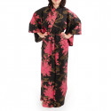 kimono yukata traditionnel japonais noir en coton pivoines flottantes pour femme