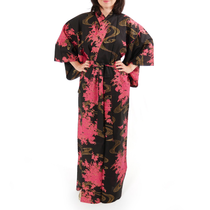 kimono giapponese yukata in cotone nero, PEONY, peonie galleggianti