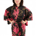 japanischer Yukata Kimono aus schwarzer Baumwolle, PEONY, schwimmende Pfingstrosen