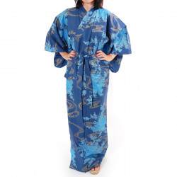 yukata japonés kimono algodón azul, PEONY, peonías flotantes