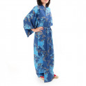 kimono giapponese yukata in cotone blu, PEONY, peonie galleggianti