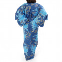 kimono giapponese yukata in cotone blu, PEONY, peonie galleggianti