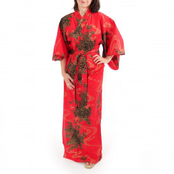 japanische Yukata Kimono rote Baumwolle, PEONY, schwimmende Pfingstrosen