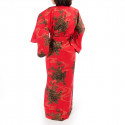 kimono giapponese yukata in cotone rosso, PEONY, peonie galleggianti