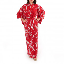 yukata japonés kimono rojo algodón, UME, flores de ciruelo