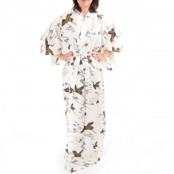 japanischer Yukata Kimono weiße Baumwolle, TSURU, Kräne