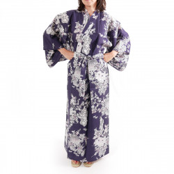 kimono yukata traditionnel japonais bleu en coton fleurs pivoine et beautés japonaises pour femme