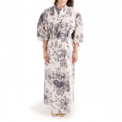 yukata japonés kimono algodón blanco, PEONY GEISHA, flores de peonía y bellezas japonesas