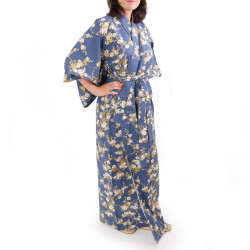 japanische Yukata Kimono blaue Baumwolle, SHIRAUME, weiße Pflaumenblüten