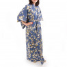 yukata japonés kimono algodón azul, SHIRAUME, flores de ciruelo blanco