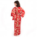 kimono giapponese yukata in cotone rosso, SHIRAUME, fiori di prugna bianca