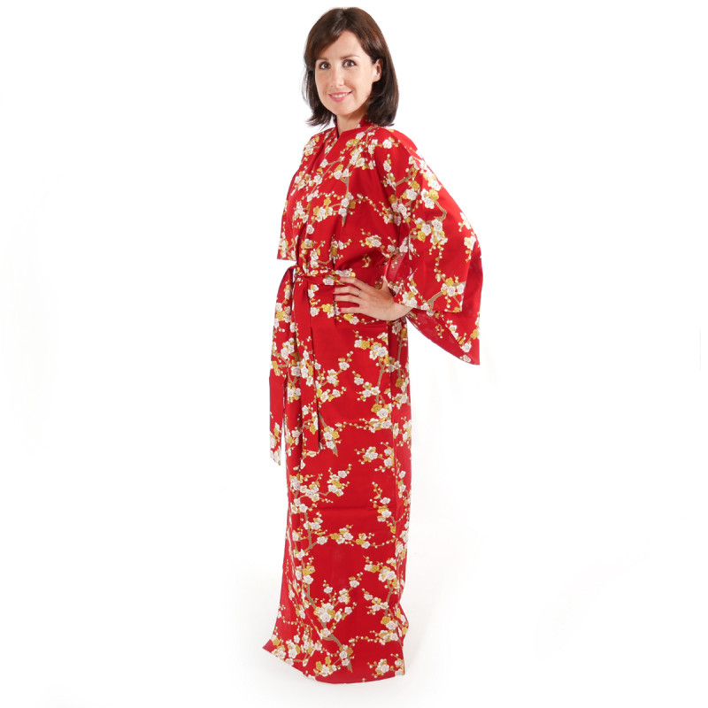yukata japonés kimono rojo algodón, SHIRAUME, flores de ciruelo blanco