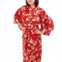kimono giapponese yukata in cotone rosso, SHIRAUME, fiori di prugna bianca