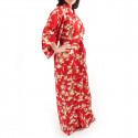 kimono yukata traditionnel japonais rouge en coton fleurs prune blanches pour femme