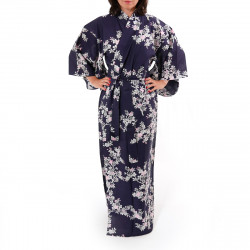 kimono giapponese yukata in cotone blu, SAKURA, fiori di ciliegio