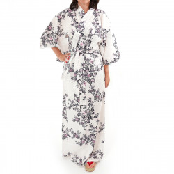 yukata japonés kimono algodón blanco, SAKURA, Flores de cerezo