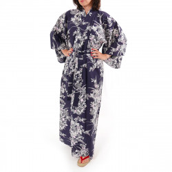 yukata japonés kimono algodón azul, RIRI, Flores de lis