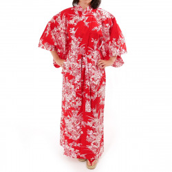 kimono giapponese yukata in cotone rosso, RIRI, fiori di giglio