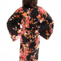 Japanischer schwarzer Kimono aus Baumwolle, SAKURA PEONY, Pfingstrose und Kirschblüten