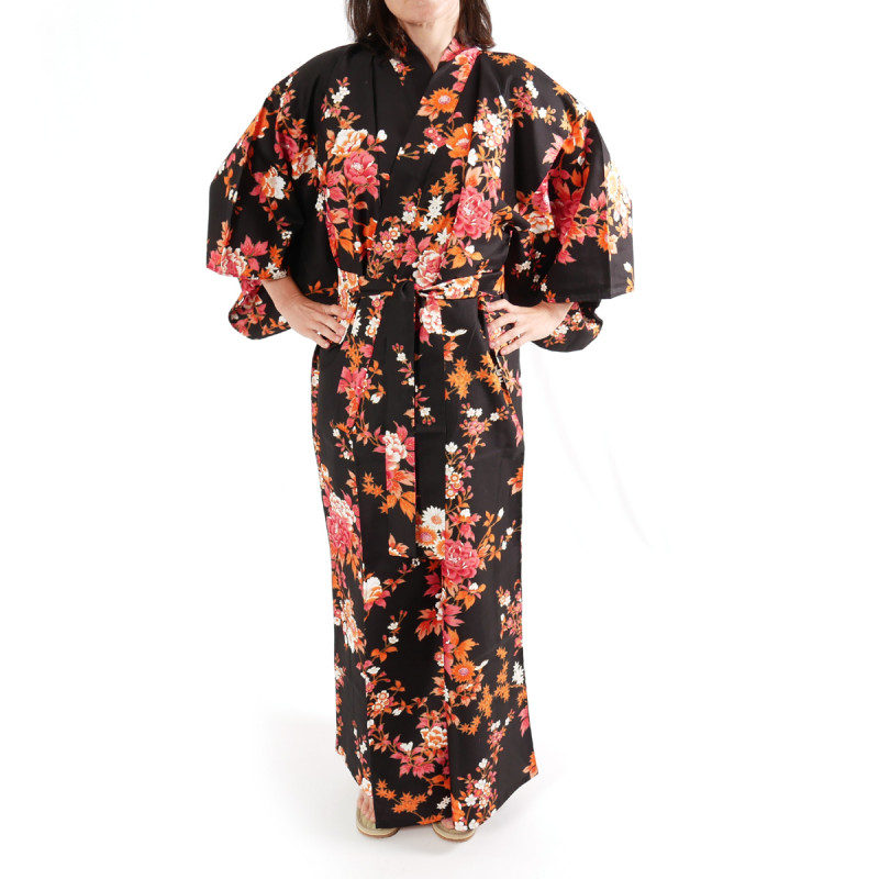 Kimono giapponese in cotone nero, SAKURA PEONY, peonia e fiori di ciliegio