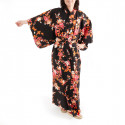 Kimono noir traditionnel japonais pour femme pivoine et fleur de cerisier