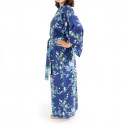 Kimono giapponese in cotone blu, SAKURA PEONY, peonia e fiori di ciliegio