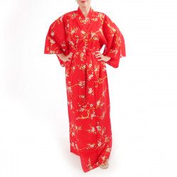 kimono giapponese yukata in cotone rosso, KINUME, fiori di prugna dorata