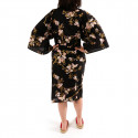 happi japonés kimono algodón negro, CHÔSAKURA, flor de cerezo y mariposa