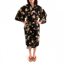 happi kimono traditionnel japonais noir en coton fleurs de cerisiers et papillons pour femme
