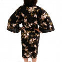 happi japonés kimono algodón negro, CHÔSAKURA, flor de cerezo y mariposa