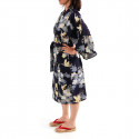 happi kimono traditionnel japonais bleu en coton fleurs de cerisiers et grue pour femme