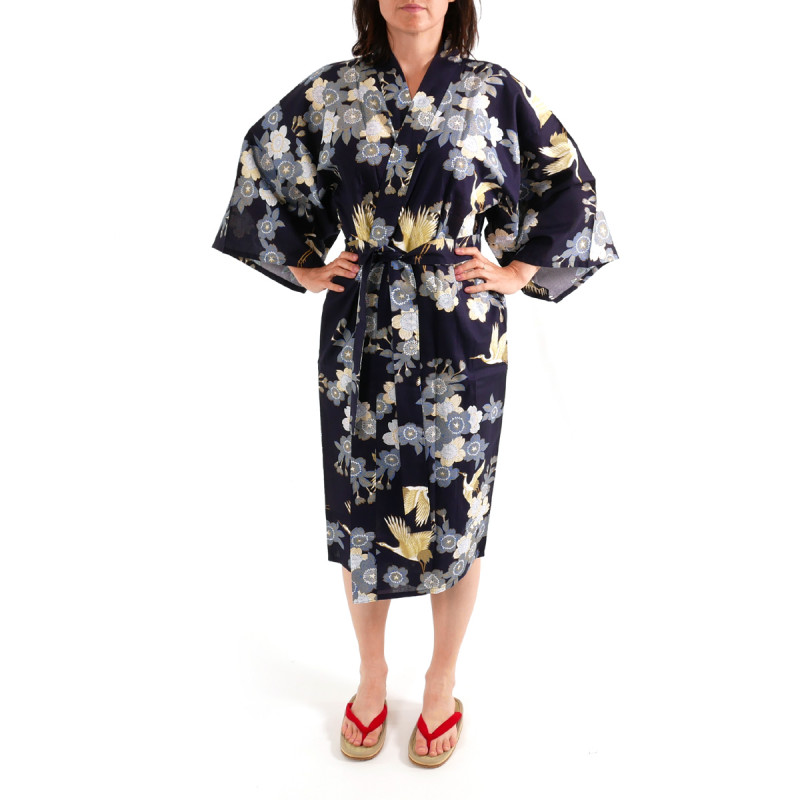 Happi Kimono blau japanische Baumwolle, TSURU SAKURA, Kirschblüten und Kranich