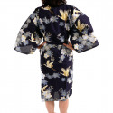 kimono happi azul algodón japonés, TSURU SAKURA, flores de cerezo y grulla