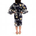 happi kimono traditionnel japonais bleu en coton fleurs de cerisiers et grue pour femme