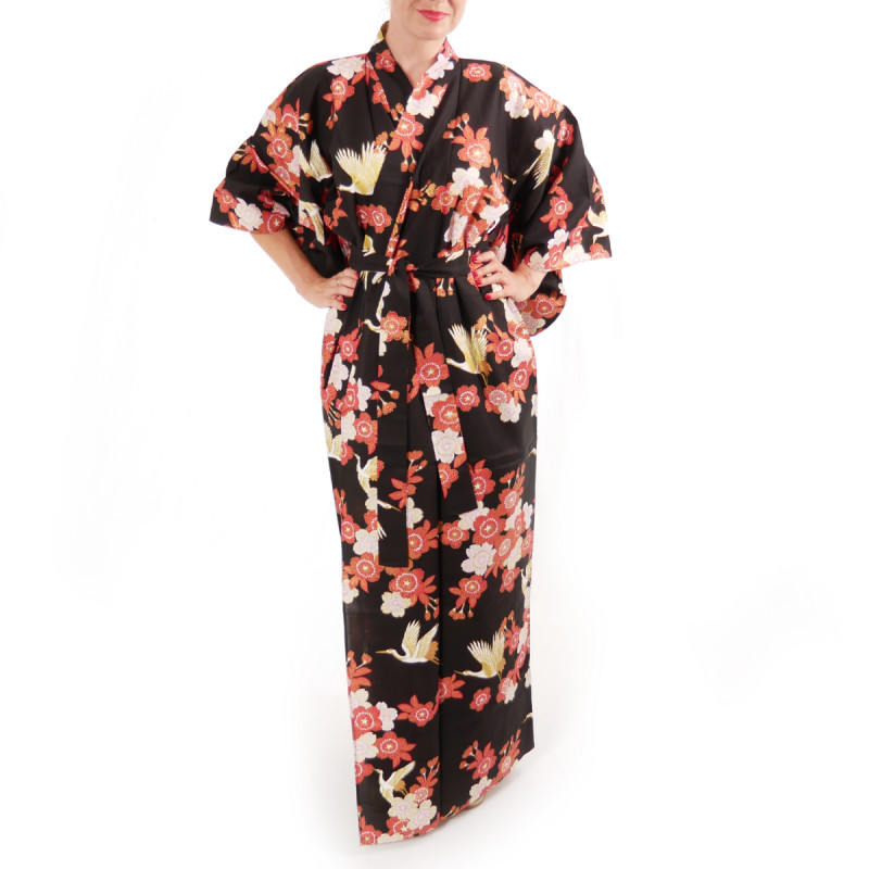 japanischer Yukata Kimono aus schwarzer Baumwolle, SAKURA TSURU, Kirschblüten und Kraniche