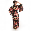 japanischer Yukata Kimono aus schwarzer Baumwolle, SAKURA TSURU, Kirschblüten und Kraniche
