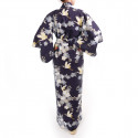 yukata japonés kimono algodón azul, SAKURA TSURU, flores de cerezo y grullas