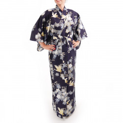 yukata japonés kimono algodón azul, SAKURA TSURU, flores de cerezo y grullas