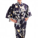 Japanese traditional blue navy cotton yukata kimono cherry blossoms and crane for ladies
