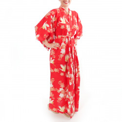 kimono giapponese yukata in cotone rosso, SAKURA TSURU, fiori di ciliegio e gru