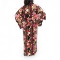 kimono yukata traditionnel japonais noir en coton chrysanthèmes fleuris pour femme