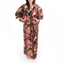 yukata japonés kimono algodón negro, KIKU, madres