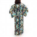 kimono yukata traditionnel japonais bleu en coton chrysanthèmes fleuris pour femme
