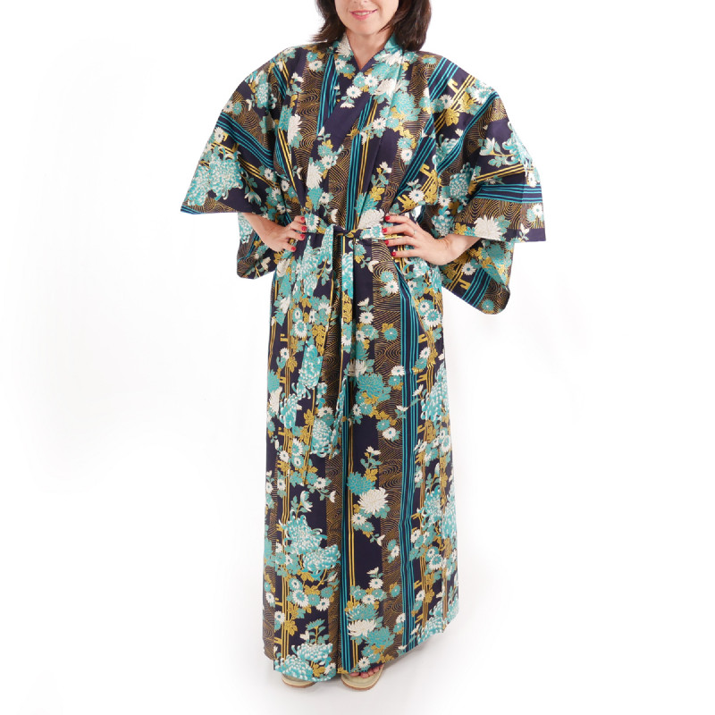 kimono giapponese yukata in cotone blu, KIKU, mamme
