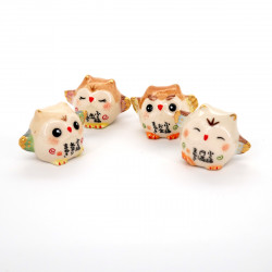 4 japanese small white ceramic owls, FUKUFUKURÔ, lucky charm